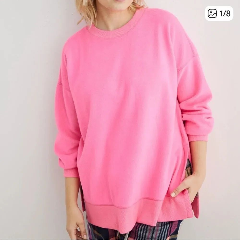 AERIE Oversized Coziest Fleece Sweatshirt Hot Pink Slits Womens Small